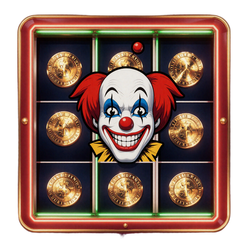Clown Coins Slot-Thumbnail mit grinsendem Pop-Art Joker und goldenen Clown-M&uuml;nzen auf den Walzen im neon-roten Rahmen