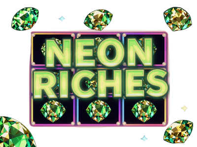 Neon Riches Jackpot Thumbnail mit leuchtenden gr&uuml;nen und goldenen Edelsteinen im Pop-Art-Stil