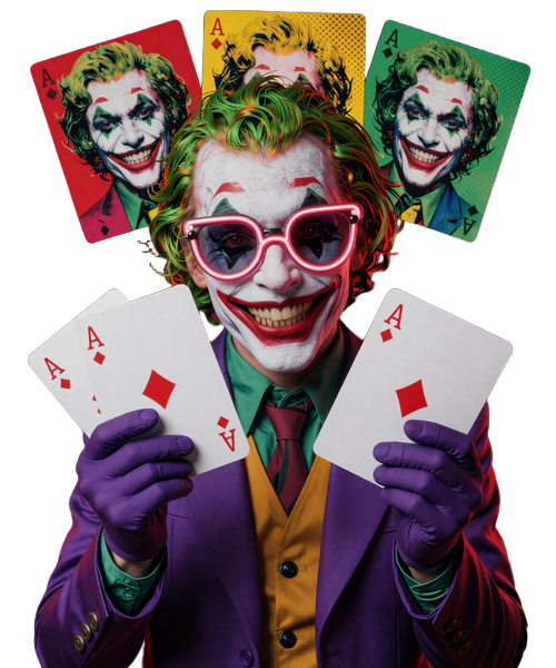 Pop-Art Warhol-Joker-Maskottchen von Jokery Casino mit grinsendem Gesicht, Karten und Casino-Chips im neon-roten Rampenlicht