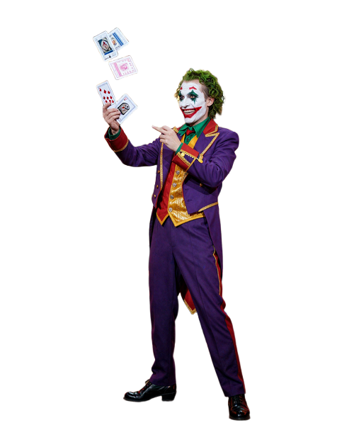Pop-Art Joker-Maskottchen von Jokery Casino wirft Spielkarten, die sich in leuchtende Slot-Rollen verwandeln, im neon-roten Rampenlicht