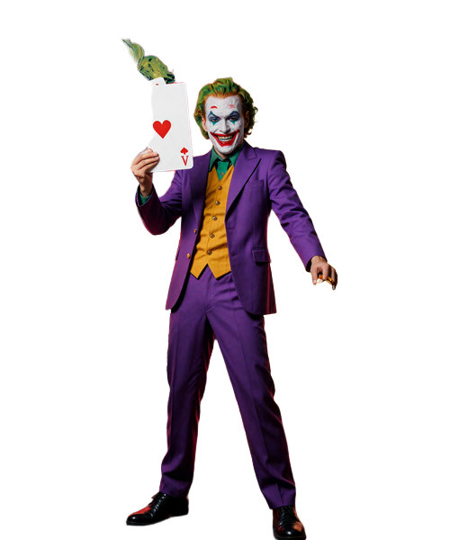 Pop-Art Warhol-Joker-Maskottchen von Jokery Casino im theatralischen Kost&uuml;m mit Karten und goldenen Casino-Chips im neon-roten Rampenlicht